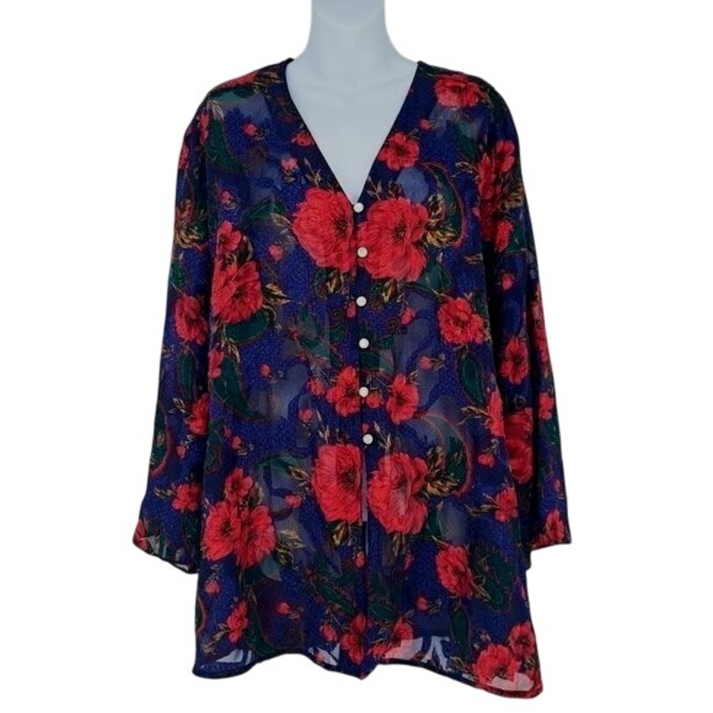 Victoria's Secret Top Womens Medium Blue Floral Vintage Sheer Paisley Button Up